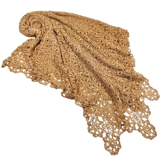Vintage Handmade Intricate Lace Crocheted Tablecloth 60”x72” Tan Scalloped - Picture 5 of 11